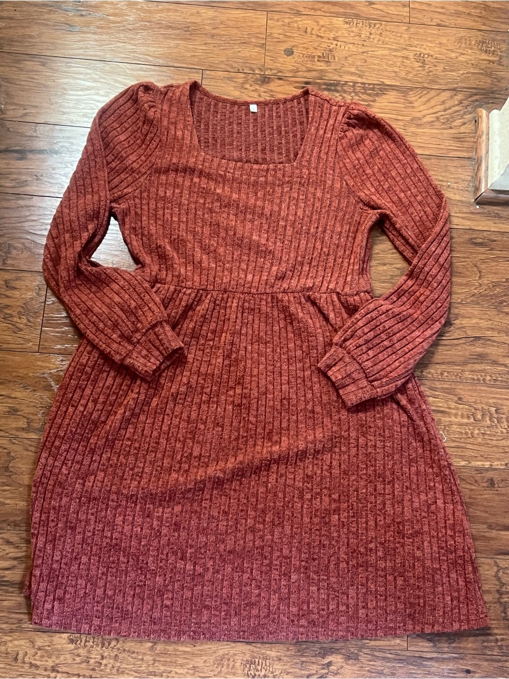 Source Unknown Ribbed Long Sleeve Empire Waist Dress - Rusty Red